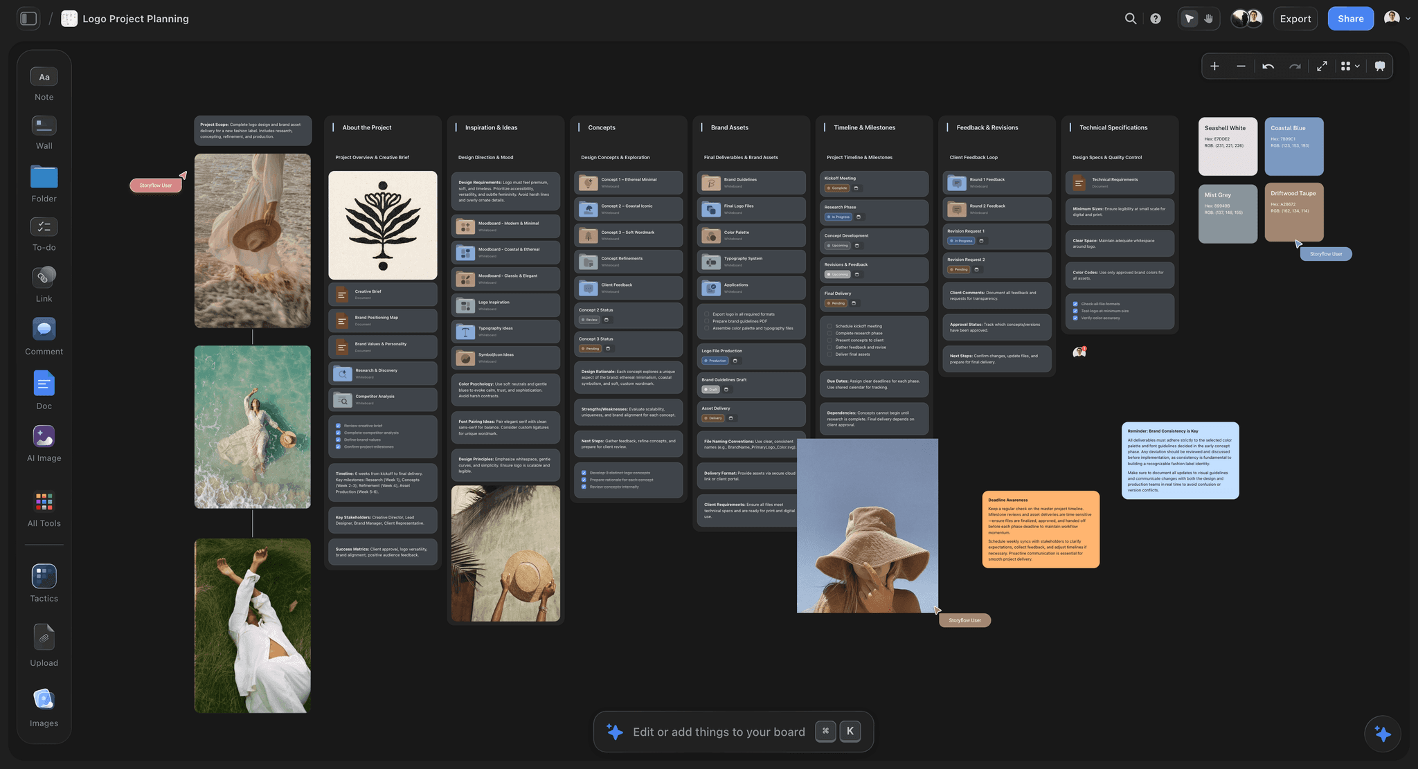 A social campaign planned visually on one Storyflow canvas: moodboard, content pillars, and a series map the AI can read